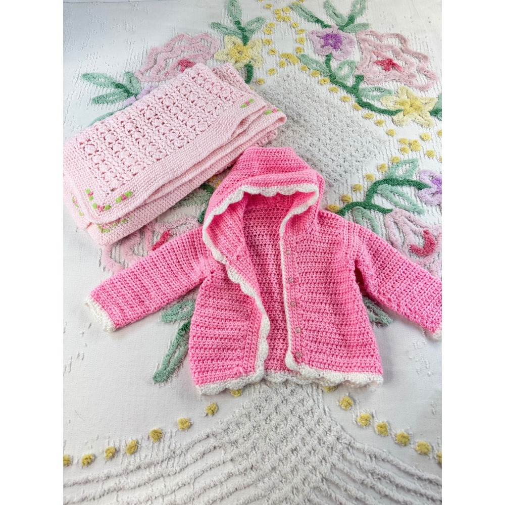 Handmade Crochet Baby Girl Hooded Sweater & Floral Embroidered Blanket Set 0/6M